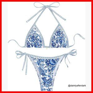 Floral Print Halter Triangle Bikini Set with Seashell Decor